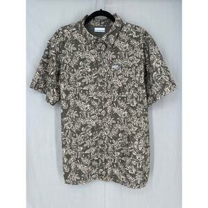 Columbia Fishing Shirt Mens Large Green PFG Fish Print Short Sleeve Button Olive
